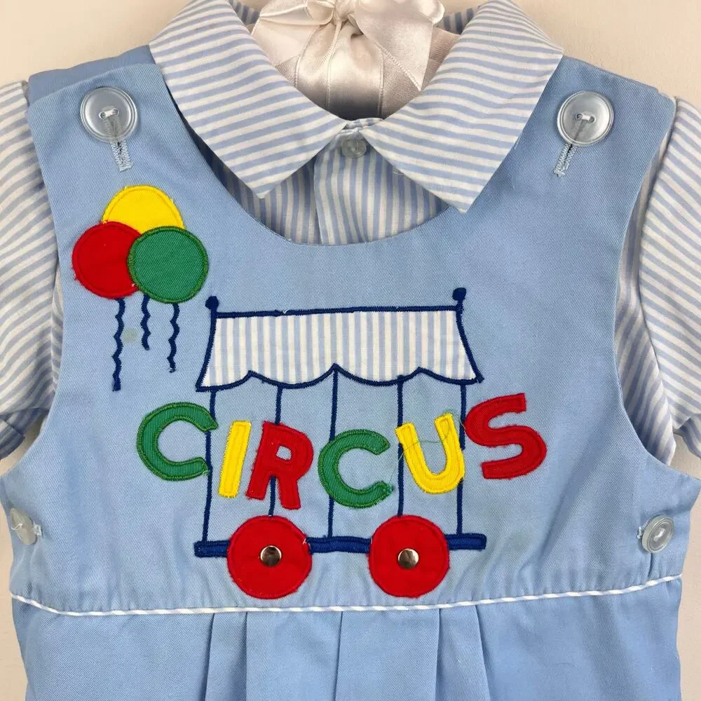 Vintage Blue Applique Circus Shortall Romper Set 3T